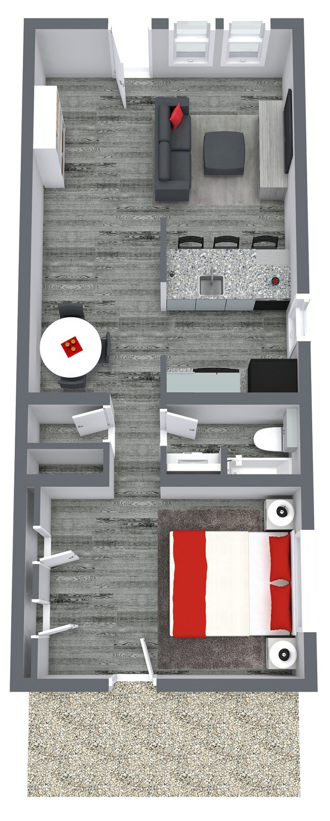 1x1 Flat - 3D - 1. Floor - Image.jpg - Sunray Townhomes