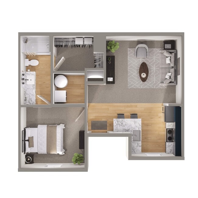 Explore the efficient design of this urban apartment, complete with a stylish kitchen and comfortable living space. - Gateway Lofts Cincinnati