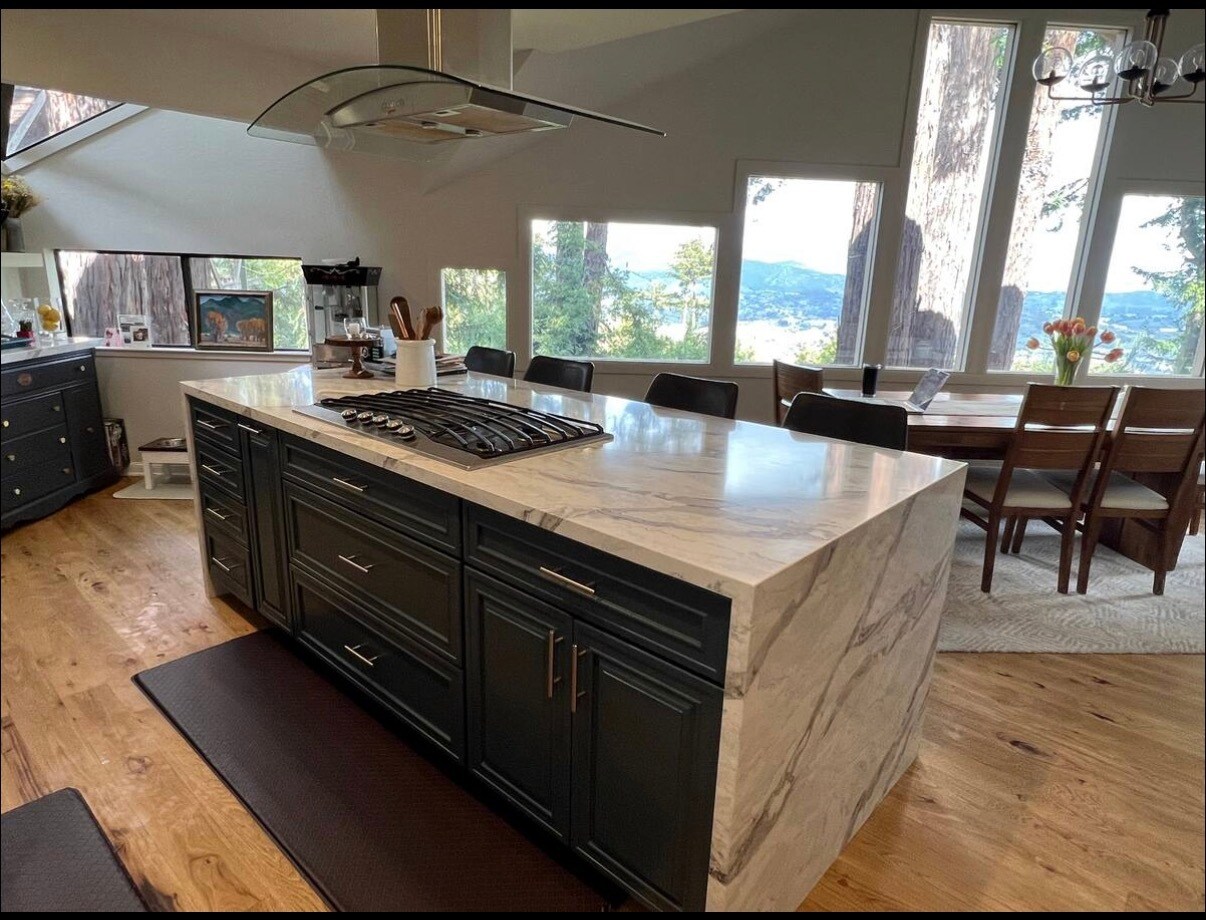 Kitchen with Island that has mountain and redwood views - 108 Oakmont Ave