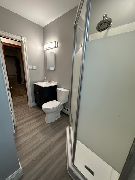 Newly renovated bathroom includes new shower, flooring, vanity, sink, toilet and fixtures - 115 E High St