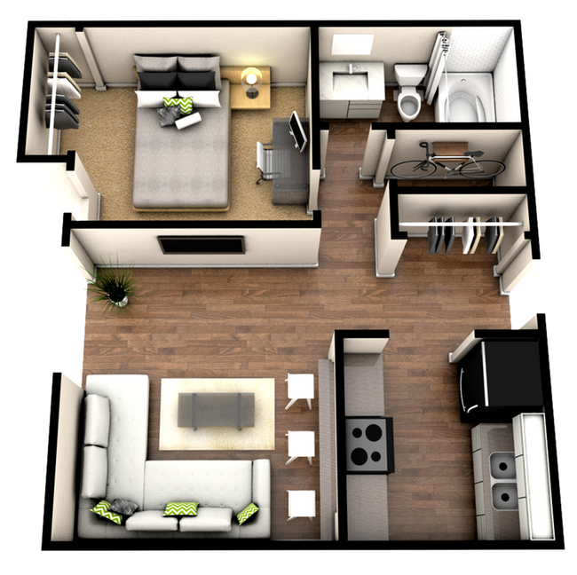 1-Bedroom 3-D Floorplan - Flight at Lowry