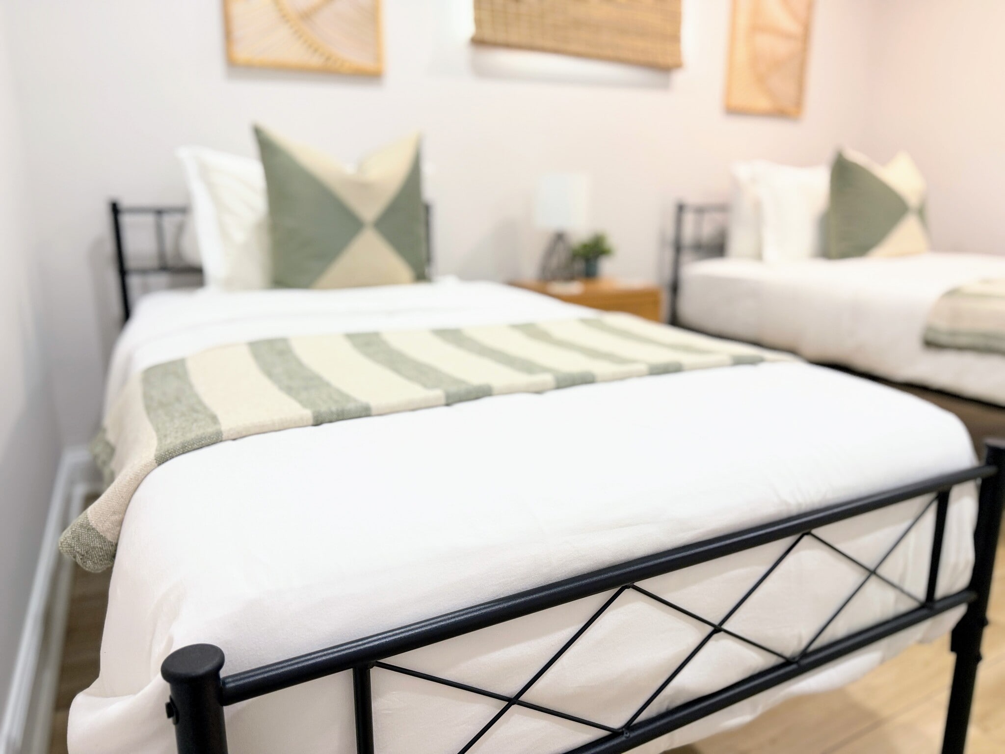 Elegant twin bedroom with two twin beds, Roku TV and built-in closet - 7621 Central College Rd