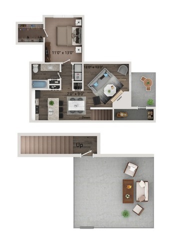 One bedroom- one bath townhome with full size washer and dryer connections. Ground floor homes offer wood plank style flooring all through out. Second floor homes offer carpet in the bedroom's and closets. - Preserve at Preston