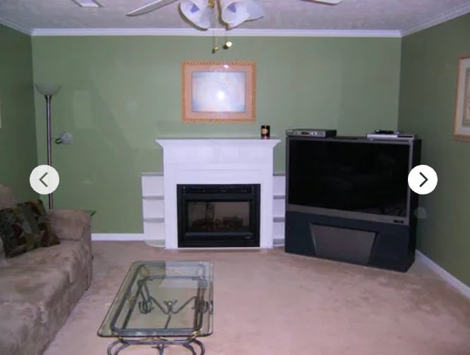 living room/electric fireplace, no longer green, but neutral beige - 2950 Baby Ruth Ln