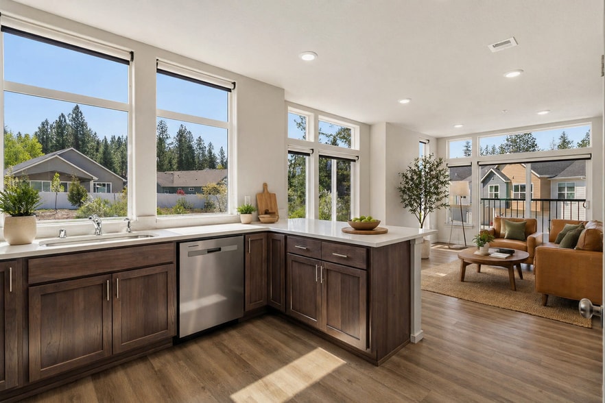 Bright, open-concept kitchen and living room with modern finishes, large windows, and a view of the neighborhood, offering a perfect blend of style and comfort. - Lofts at Garden District