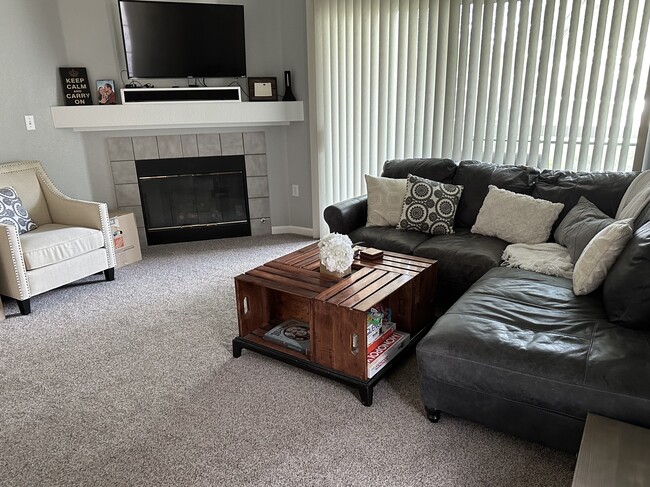 Living room with gas fireplace and slider - 5225 White Willow Dr