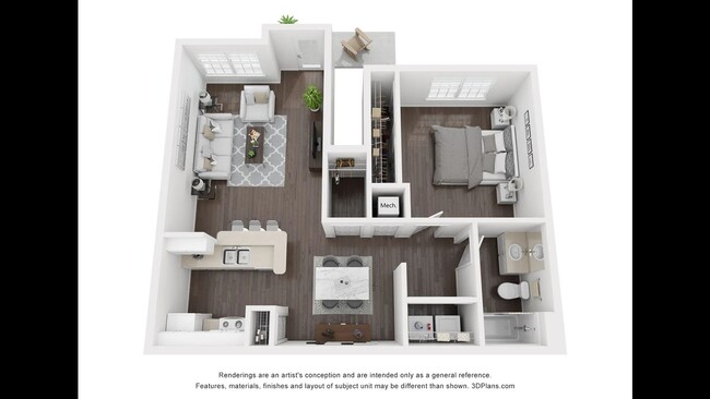 A 3D rendering of the floor plan for the Sabal apartment home - Charleston Cay