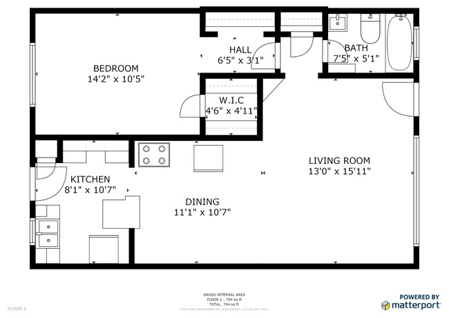 1BR/1BA Floor Plan - Spanish Rose