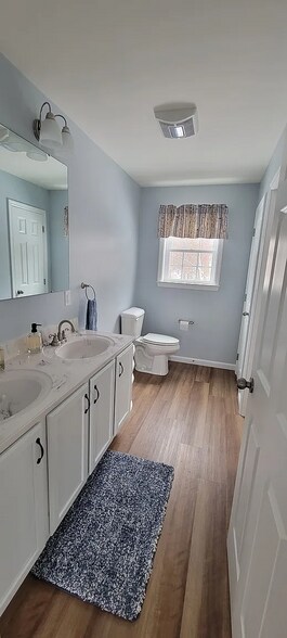 Full bathroom with double sink and separate shower/laundry area. - 17 Ryswick St