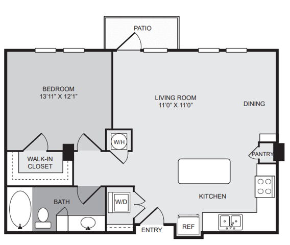 1 bedroom 1 bath apartment with kitchen island, dining area, patio, walk in closet and 785 sq ft - Cantabria at Turtle Creek closed