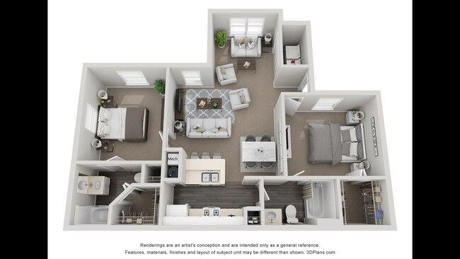 A 3D rendering of The Gardenia, our two bedroom two bathroom floor plan - Eden Pointe