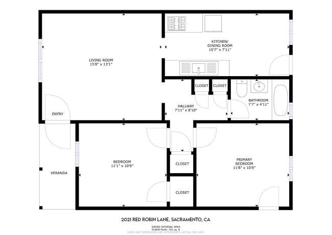 2Bed/1Bath - Floor Plan (701SF) - Red Robin Apartments