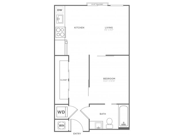 One Bedroom One Bath (570 SF) - The Aspen