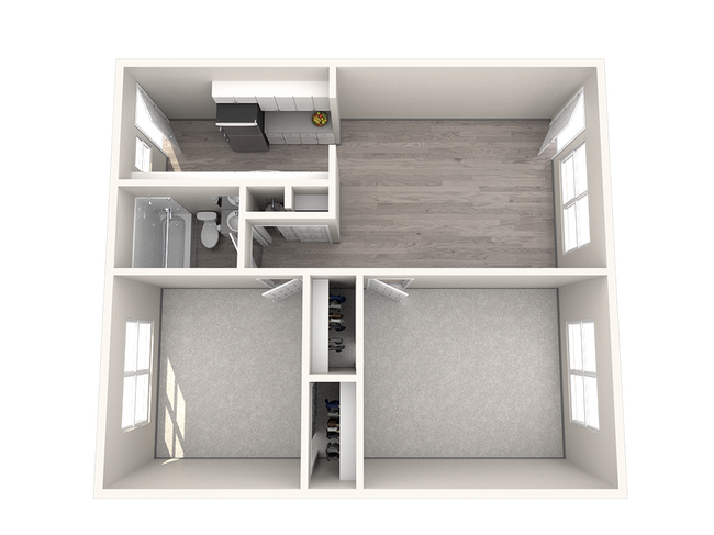 Explore this stylish one-bedroom apartment featuring a modern kitchen and sleek bathroom. - The Den Hunting Lodge (student)