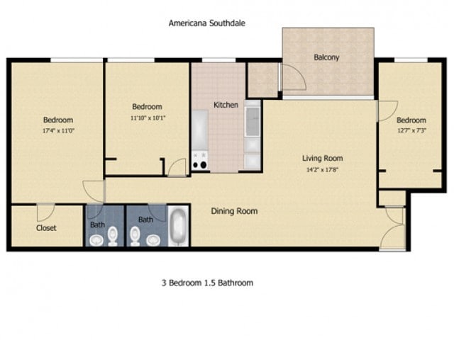 3 Bedroom 1.5 Bath Deluxe - Americana Southdale