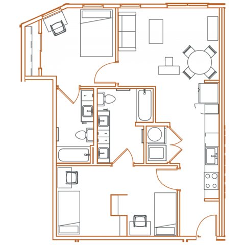 B2 - Two Bedroom, 2 Bath | 3 Residents Floor Plan Layout - Point North