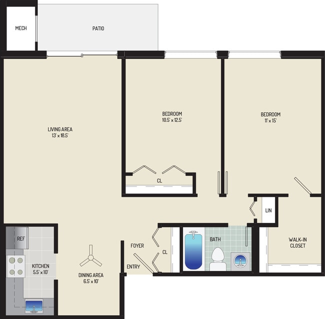 2 BR/ 1 BA (Style F1) | 915 sq. ft. - Columbia Park Apartments
