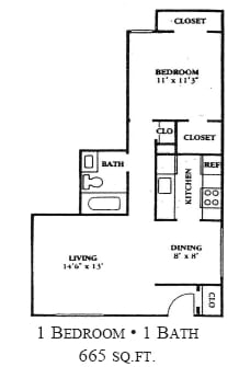 Floor Plan, 665 SF - Bella Oaks