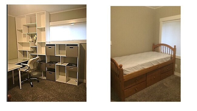 Bedroom main floor, only $600/month. Built in wall unit and l-shaped desk. Single bed. - 110 NE 40th St
