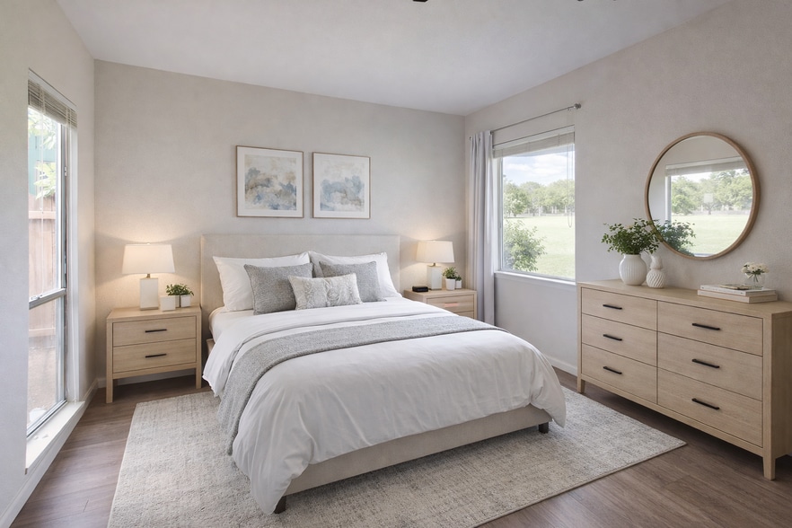 Bright secondary bedroom with two windows and plenty of natural light. Virtually staged. - 5917 Little Creek Trl