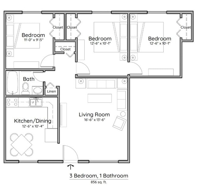 2 Bedroom, 1 Bath Floorplan - Crestone Apartments
