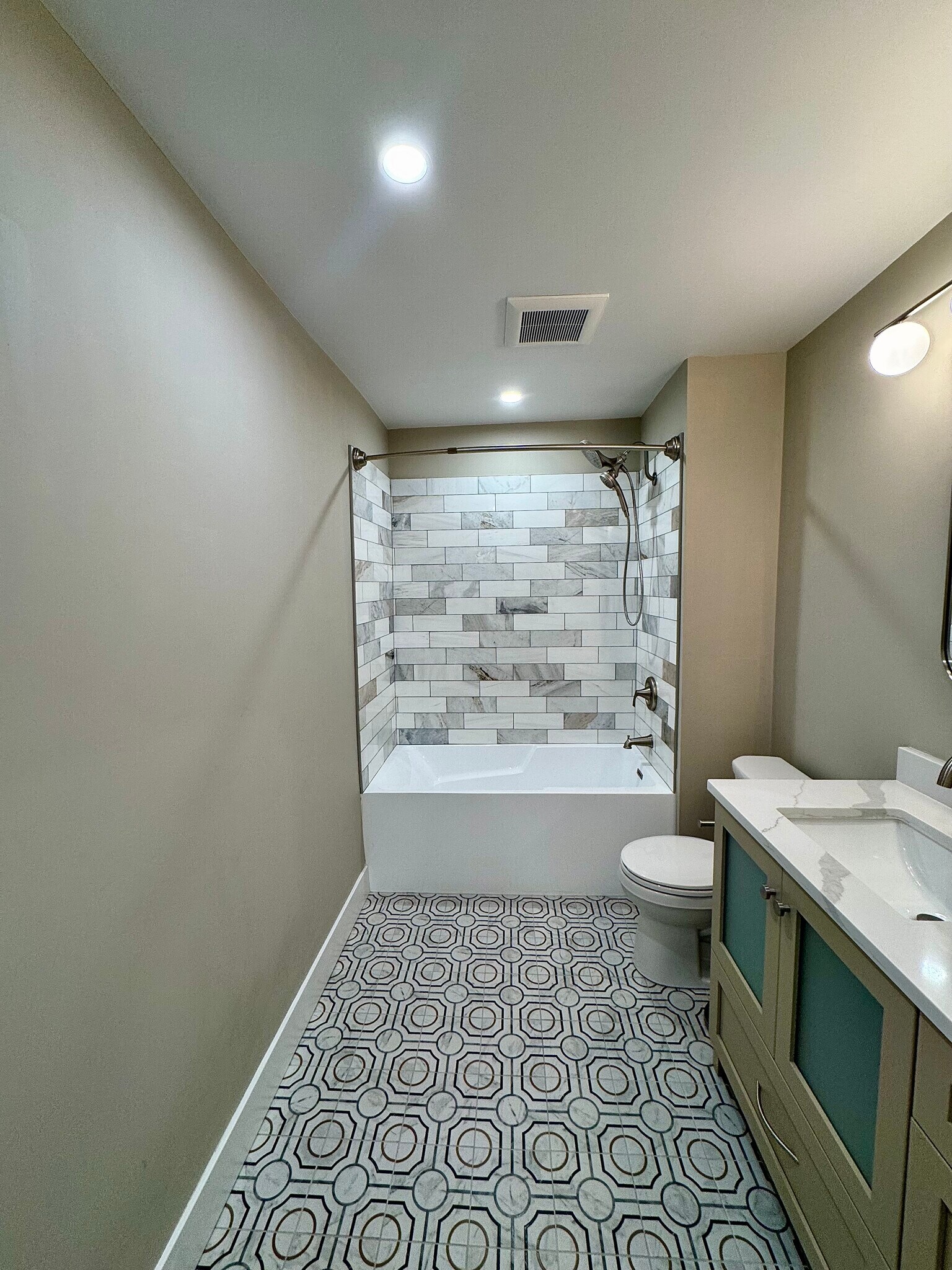 Bath Shower combination with dual shower heads and marble tile surround and quiet ventilation system - 136 E King St