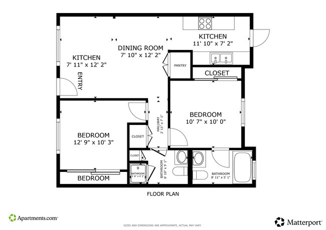 2BR, 2BA - 1,000SF - Floor Plan - 1375 Temple Ave.