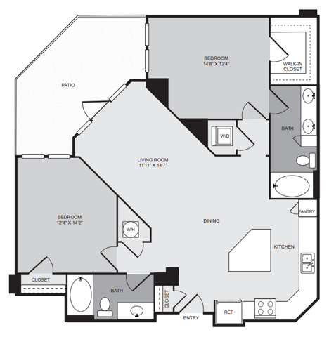 2 bedroom 2 bath apartment with kitchen island, dining area, patio, walk in closet and 1195 sq ft - Cantabria at Turtle Creek closed