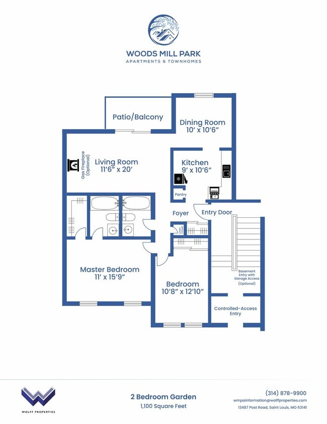 Two Bedroom Garden w/Fireplace and Garage Floorplan - Woods Mill Park Apartments & Townhomes