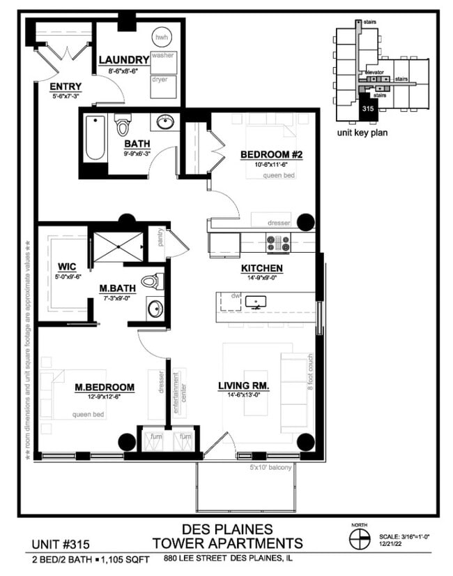 Unit 315 Floor Plan - 2BR, 2BA - Des Plaines Tower