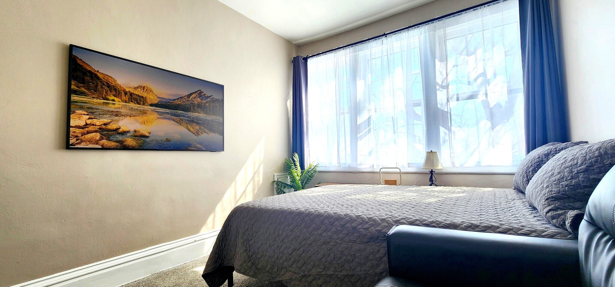 Primary Bedroom -Enjoy a 55” Samsung Frame TV and ample natural light through the oversized windows. - 822 E 4th St