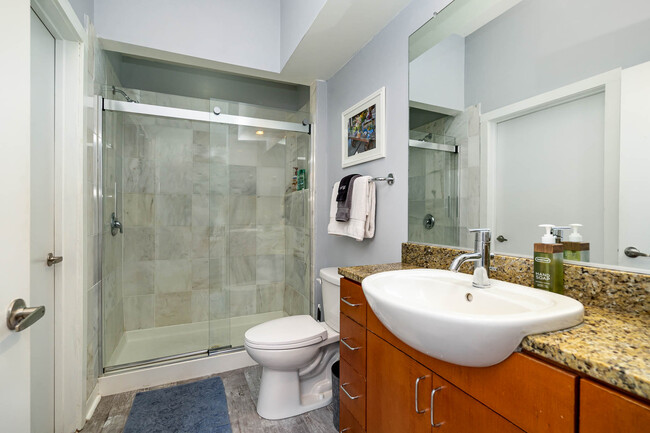 Spacious bathroom with walk-in shower (shampoo, conditioner, body wash and lotion provided) - 525 E 6th Street