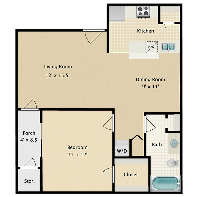 Larger 1/1 Floor Plan - Willow Lake Crossing