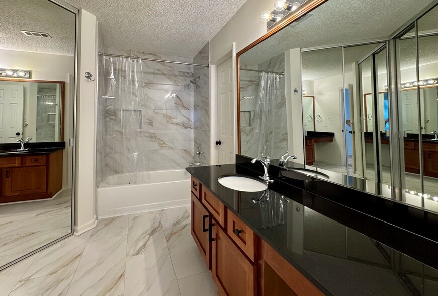 spacious en-suite bathroom with new tile, big vanity, and large walk-in closet with mirrored doors - 209 14th St. NE #119