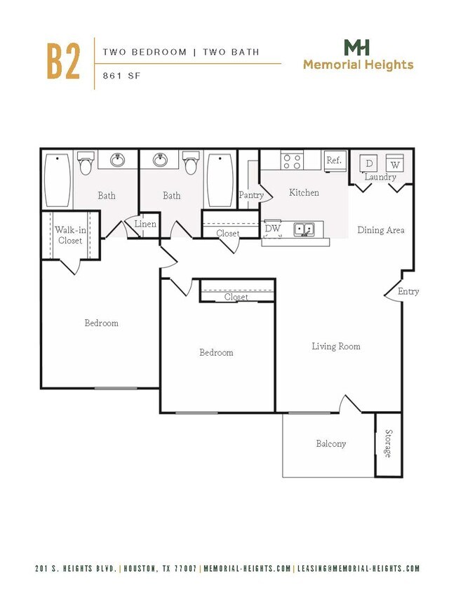 B2 Floorplan, Two Bedroom Two Bath - Memorial Heights at Washington
