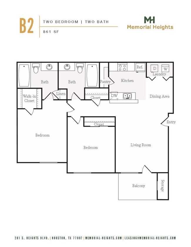 B2 Floorplan, Two Bedroom Two Bath - Memorial Heights