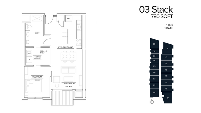 1 Bed, 780 SQFT - The Quentin