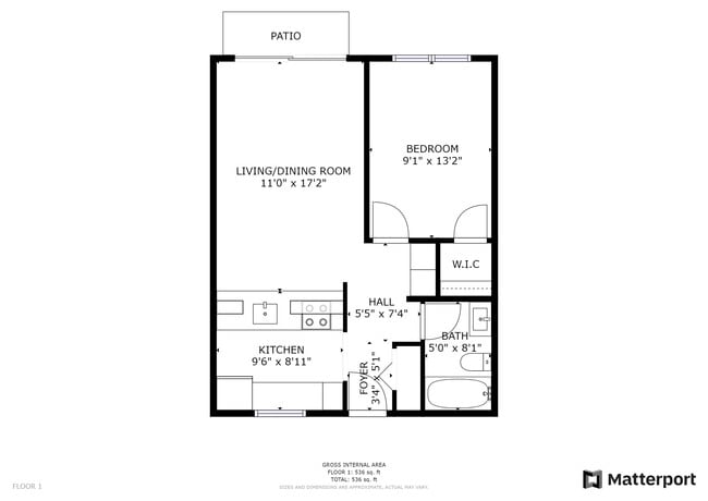 1 Bed 1 Bath Floor Plan - The Coho