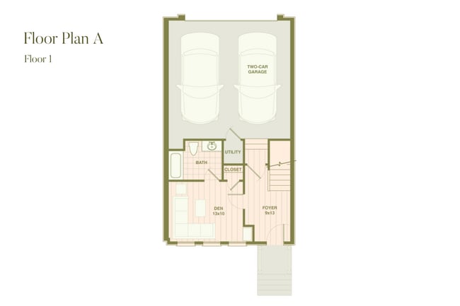 Sleek floor plan featuring a two-car garage, den, bath, and foyer on the first floor. - Fenland Townhomes