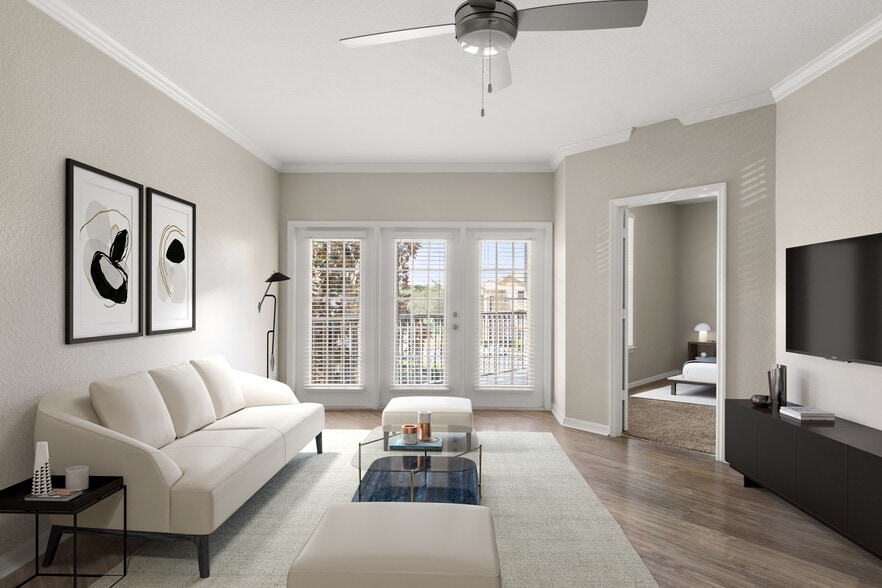 Homes feature hardwood-style floors and private screened balcony or patio - Pine Lakes Preserve