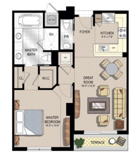 1BR/1.5BA - Two City Plaza