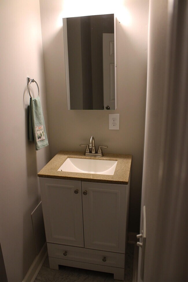 Above the bathroom sink, there is a lockable jewelry box/medicine cabinet. - 7837 Heaton Way