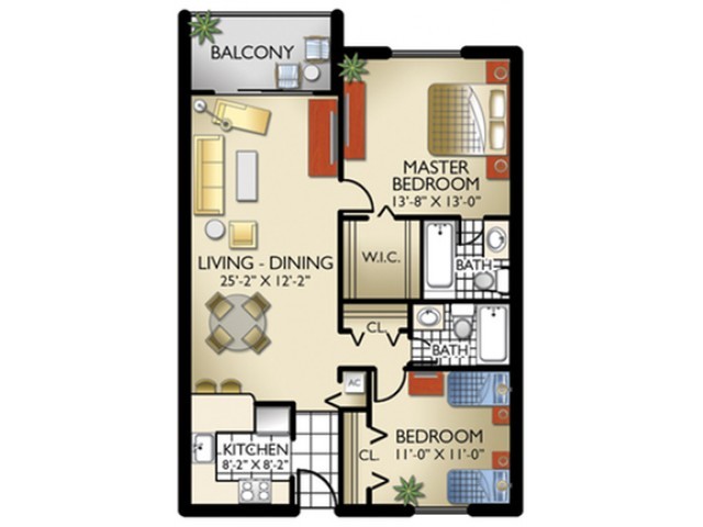 Model E | 2 Bedrooms, 2 Bath - Lago Club Apartments