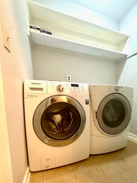 Upstairs laundry room - washer/dryer included, shelves for storage, pocket door - 2312 18th Ave S