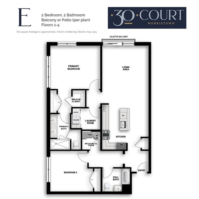 Explore spacious living with this elegant 2-bedroom, 2-bathroom layout, featuring modern amenities and a Juliette balcony. - 30 Court Street Apartments