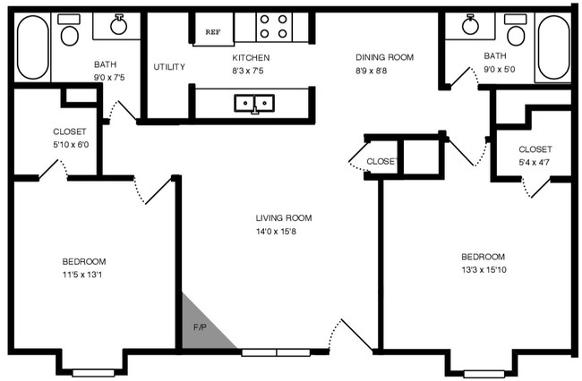 2BR/2BA 871sf - room dimenstions - The Park @ Live Oak Apartments