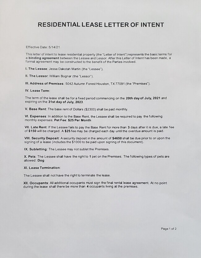 Letter of Intent to Rent - Page 1 - 5042 Autumn Forest Dr