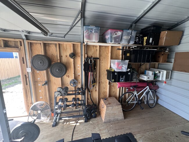 Bumper plates, dumbbells, step-up, bands, fan. All storage bins will be removed. - 422 S Olive St