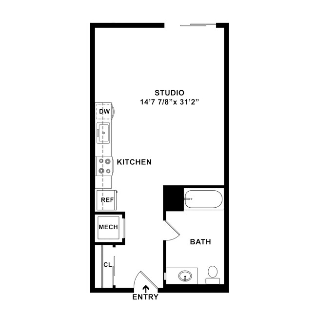 S5 - Studio Floor Plan Dimensions - 433 SF - Catalina West Adams