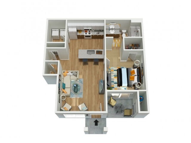 One bed one bath with full size washer a dryer, granite counter tops, and modern finishes. - Showboat Park Apartments